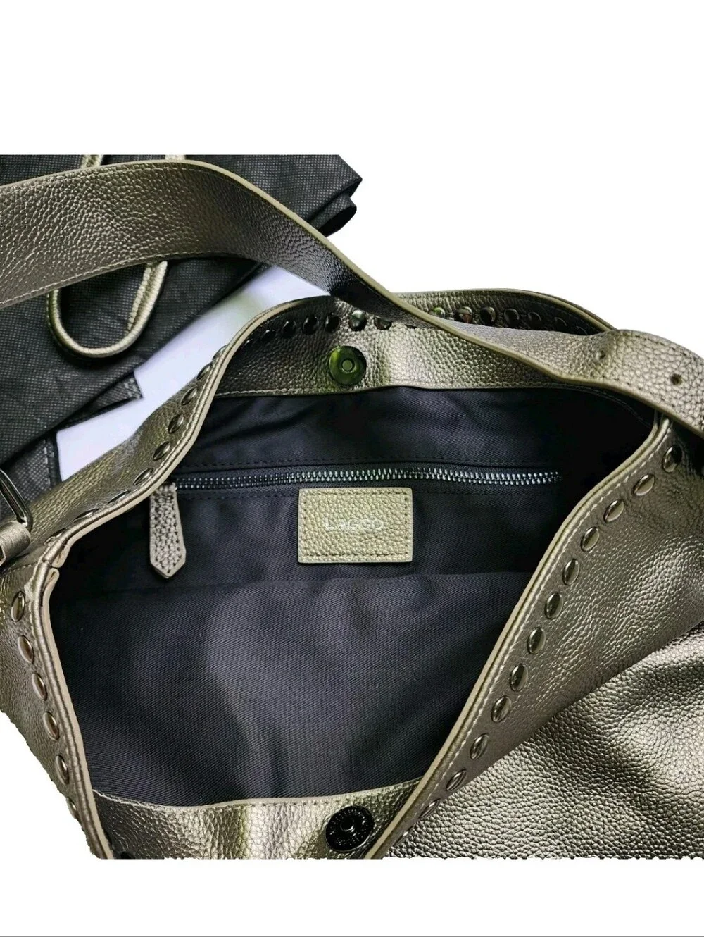 LAGGO Reed Purse Shoulder Bag Metallic Silver Pebbled Leather Studded Tote Hobo